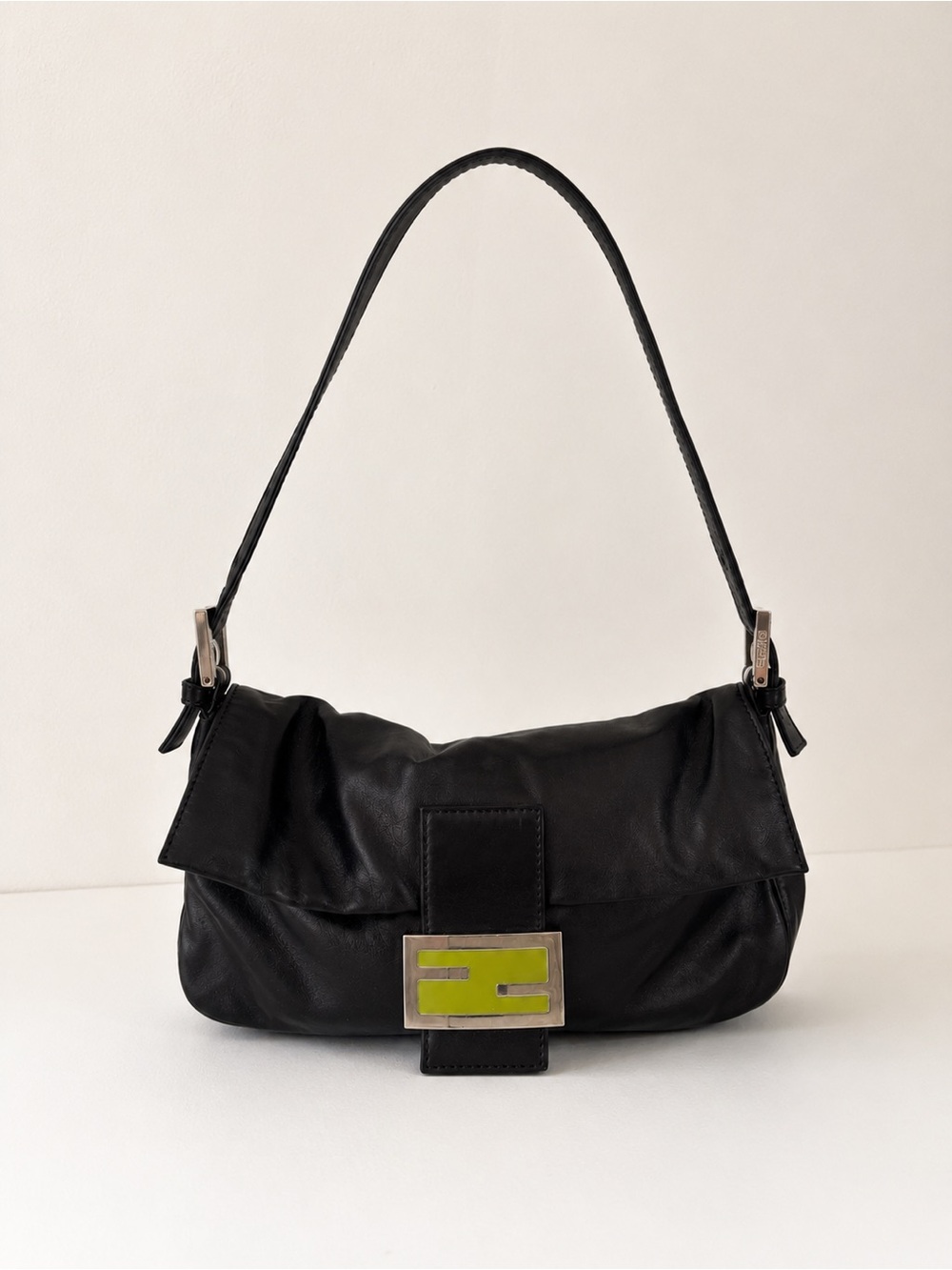 Vintage Fendi Black Leather Baguette Shoulder Bag Lime Green FF Buckle